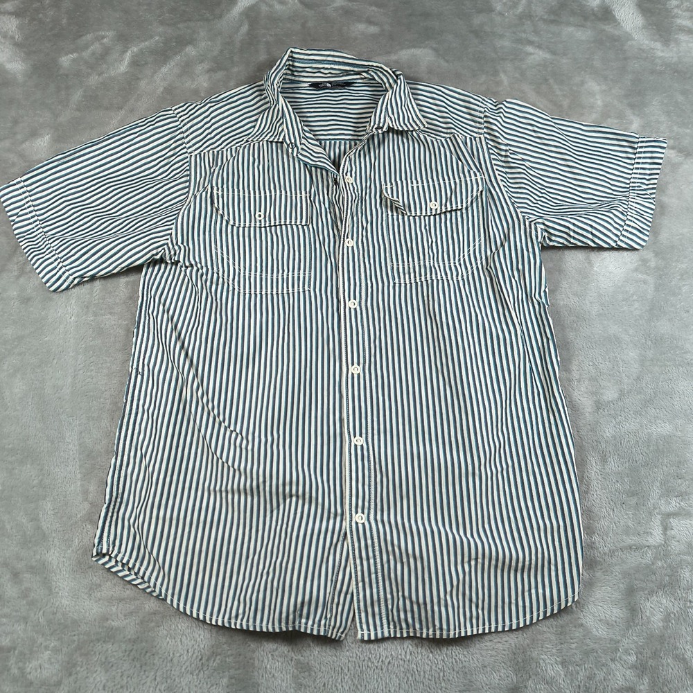 The North Face Shirt Mens Medium Blue Green Striped Snap Up Short Sleeve Outdoor